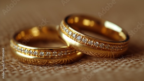 Gold Wedding Bands Adorned With Diamonds on a Textured Cloth Surface