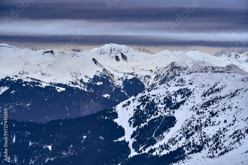 Breathtaking beautiful panoramic view on Snow Alps - snow-capped winter mountain peaks around French Alps mountains, The Three Valleys: Courchevel, Val Thorens, Meribel (Les Trois Vallees), France photo