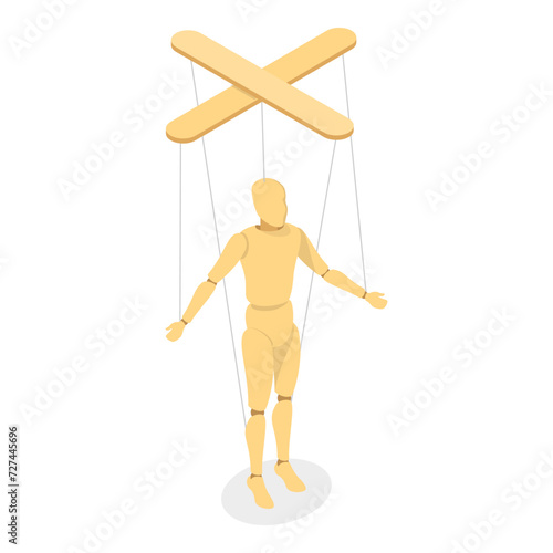 3D Isometric Flat Vector Set of Wooden Marionettes, Puppet on Ropes. Item 4