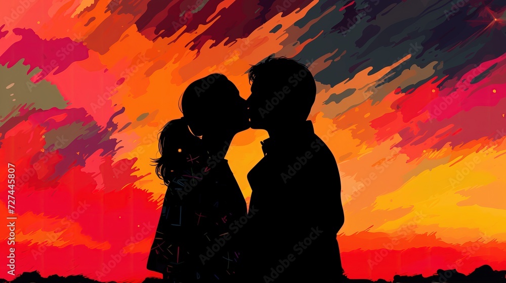 Sylwetka Para całuje się przed kolorowym niebem, w ramach celebracji Walentynek, wyrażając miłość i romantyzm. - obrazy, fototapety, plakaty 