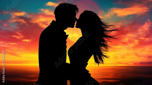 Sylwetka Mężczyzna i kobieta całują się przed malowniczym zachodem słońca.