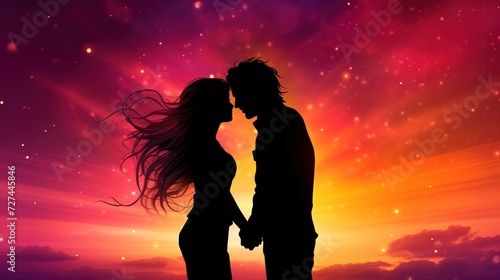 Sylwetka Para stojąca obok siebie przed zachodem słońca, celebrująca Walentynki, to wyjątkowy moment miłości i romansu.