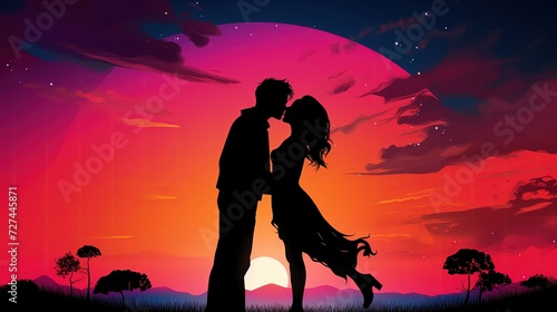 Sylwetka para mężczyzny i kobiety całuje się przed malowniczym zachodem słońca, wyrażając uczucie w czasie romantycznego spotkania.
