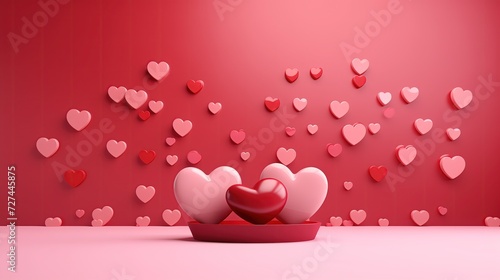 Na stole widoczne małe czerwone serce w towarzystwie dwóch różowych serc umieszczone w misce. Na ścianie są poprzyklejane serca
