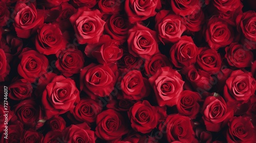 Tło. Na zdjęciu przedstawione jest wiele czerwonych róż, które są bardzo zbliżone do siebie.