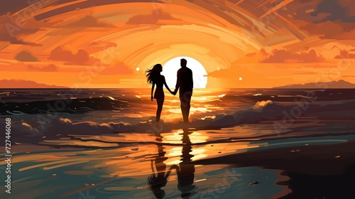Obraz, na którym widoczna jest para trzymająca się za ręce na plaży.