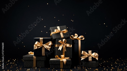 Zdjęcie przedstawia grupę czarnych pudełek ozdobionych złotymi kokardkami.