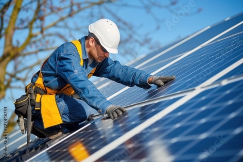 Male worker install solar panels on a house rooftop, renewable energy