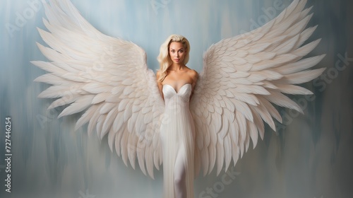 Kobieta w białej sukience ze skrzydłami stoi na tle romantycznego otoczenia w dniu Walentynek.