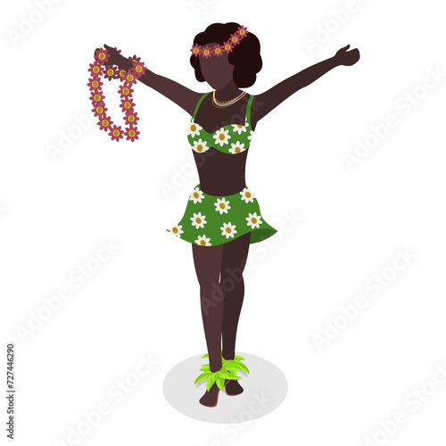 3D Isometric Flat Vector Set of Hawaiian Dancers, Characters in Polynesian Costume. Item 3