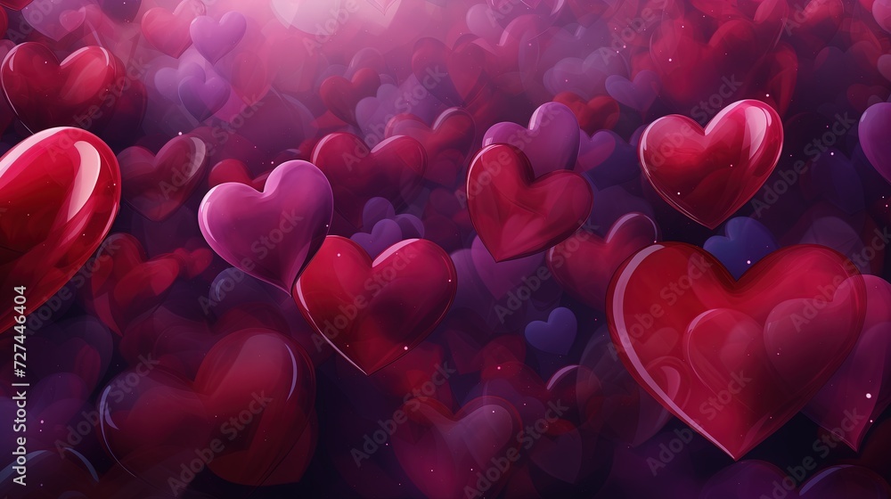 Wielokrotność fioletowych serduszek unoszących się w powietrzu, symbolizujących Walentynki, miłość i romans. - obrazy, fototapety, plakaty 