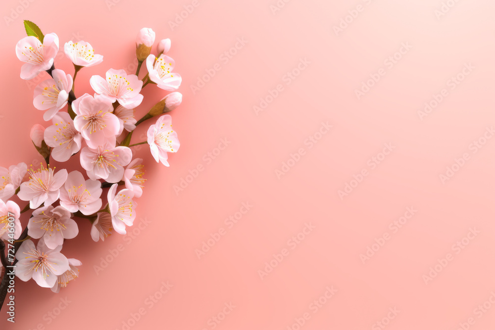 Floral banner. Sakura flowers blossoms on peach pink background. Springtime composition with copy space