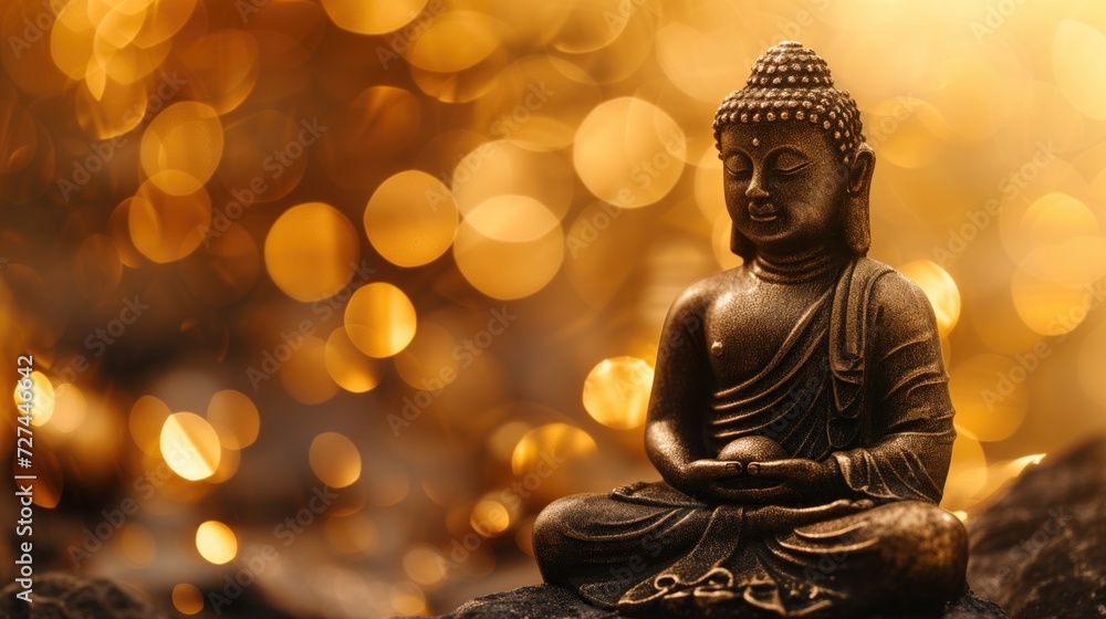 Small Buddha statue on golden bokeh background with copy space