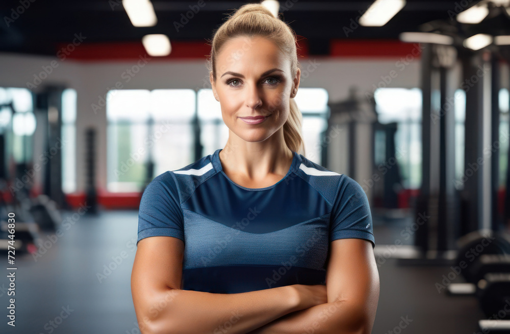 Portrait of a female trainer in the gym. Low key portrait.