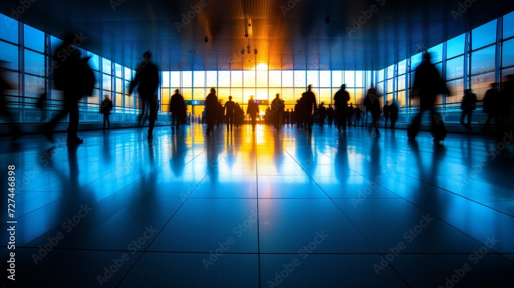 Bustling Airport Terminal at Sunset