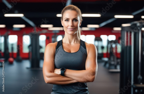 Portrait of a female trainer in the gym. Low key portrait.