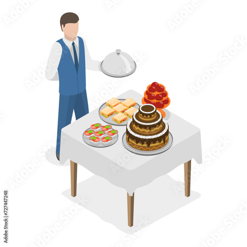 3D Isometric Flat Vector Set of Catering Services, Serving Foods on Outdoor Events. Item 3