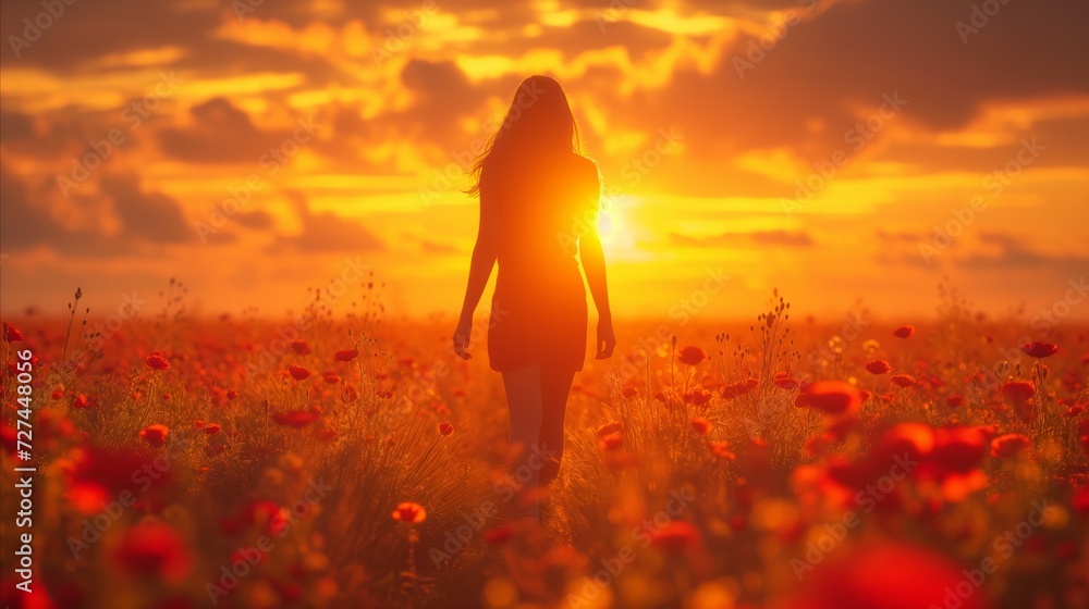 Woman Walking Through Field of Sunset Flowers
