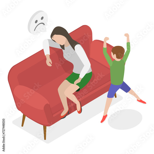 3D Isometric Flat Vector Illustration of Depressed Tired Parents, Parenting Fatigue and Anxiety. Item 1
