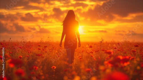 Woman Walking Through Field of Sunset Flowers