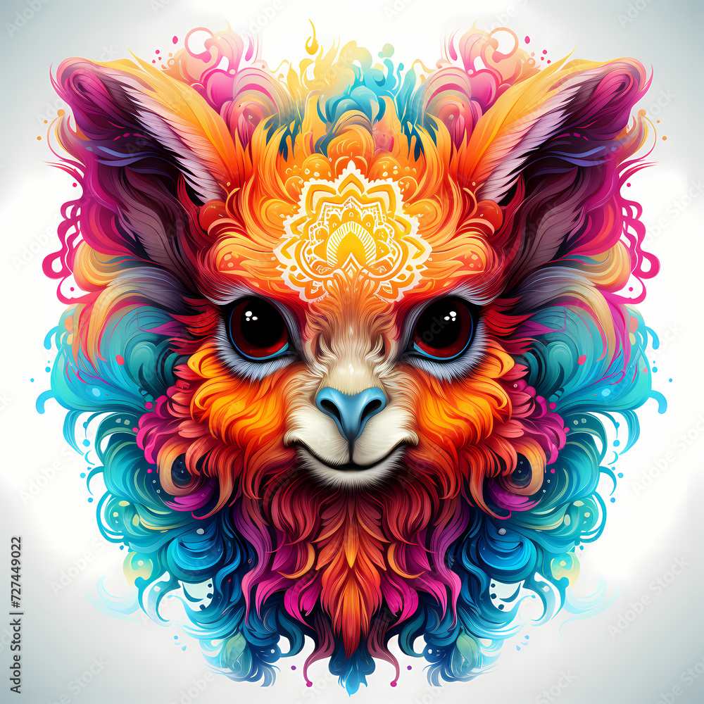 Cute lama hand drawn multicolor illustration. Funny design on white background.