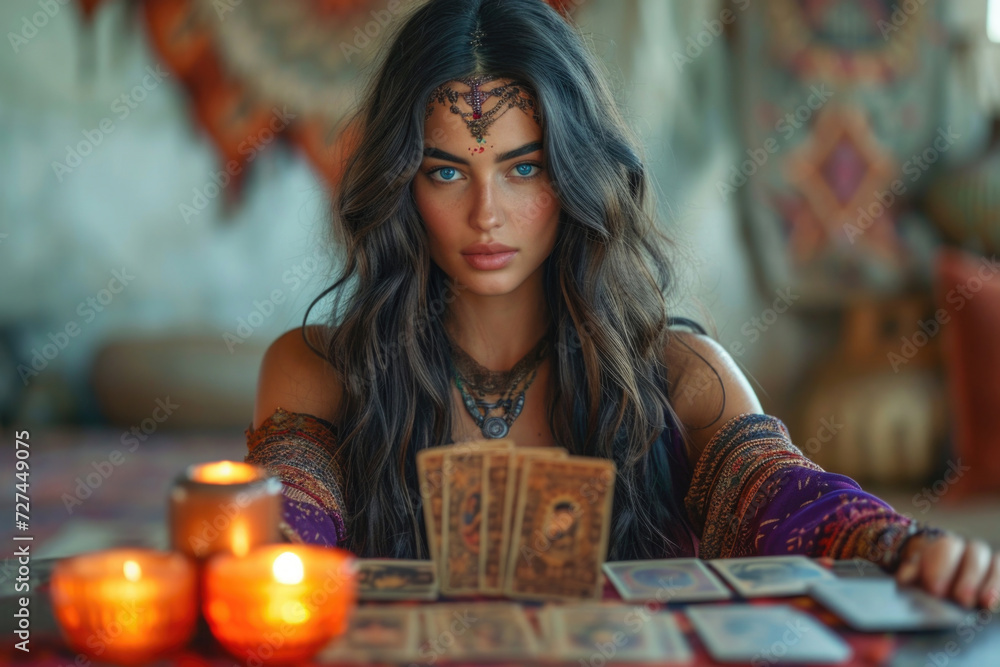 Fototapeta premium Beautiful young tanned Spanish brunette woman with long hair sits in ethnic clothing with decorations in room at table with candles and mystical tarot cards, metaphorical cards. White gypsy girl. Fate