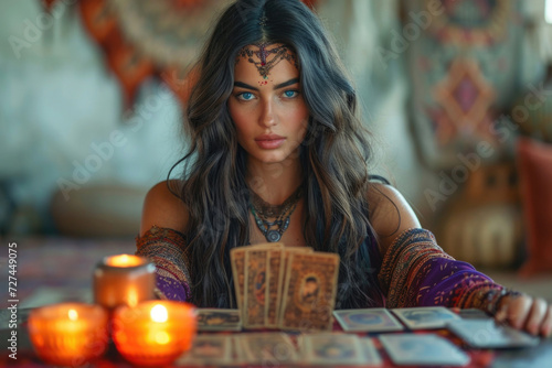 Beautiful young tanned Spanish brunette woman with long hair sits in ethnic clothing with decorations in room at table with candles and mystical tarot cards, metaphorical cards. White gypsy girl. Fate photo