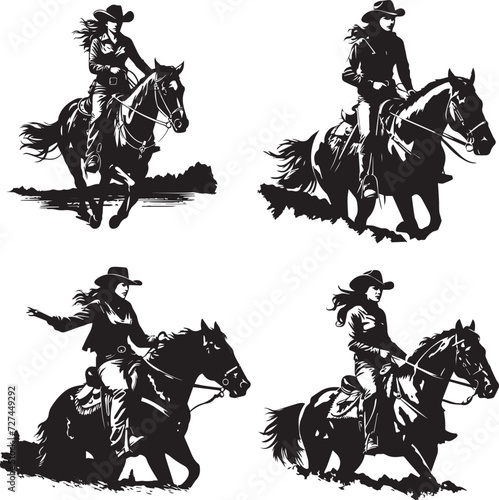 Cowgirl on Horse Vector Illustration Set