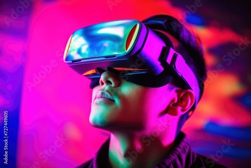 Young man wearing virtual reality. Future technology concept. Neon lights