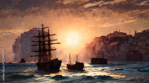 sea and old ships landscape oil painting, watercolor, oil painting for printing, painting on canvas, beautiful view 