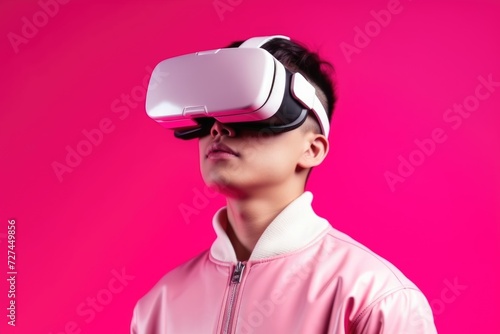 Portrait of young asian boy wearing virtual reality on pink background © foto.katarinka
