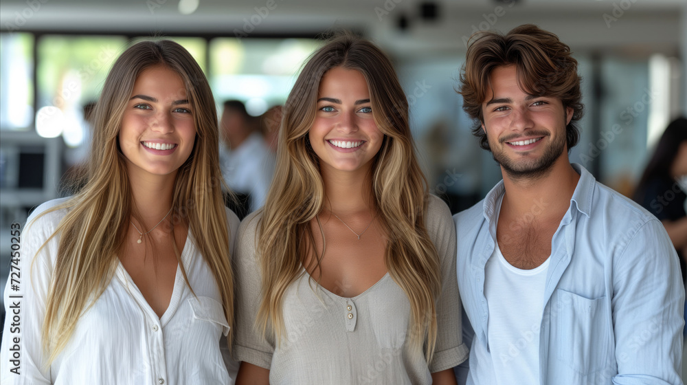 Three Young Adults Smiling in a Bright Indoor Setting Three Young Adults Smiling in a Bright Indoor Setting