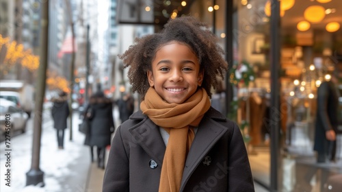 Smiling Child in a Winter Coat on a City Street