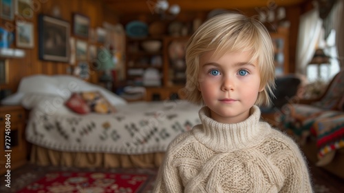 Serene Child With Blue Eyes in Cozy Bedroom