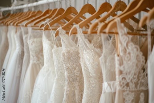 Close up Beautiful elegant luxury bridal dress on hangers.  © ant