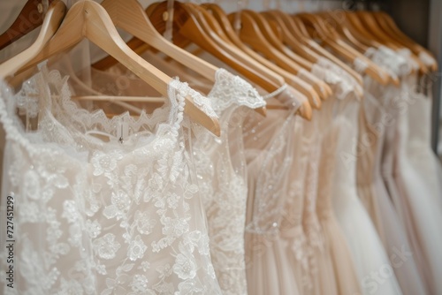 Close up Beautiful elegant luxury bridal dress on hangers. 