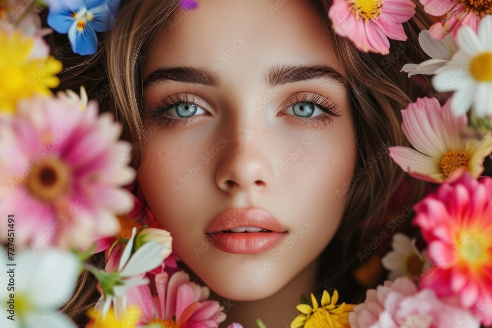 Young girl face surrounded with many colorful flower blooms. Young girl face surrounded with many colorful flower blooms.