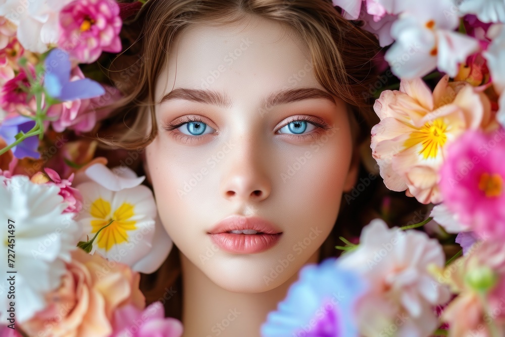 Young girl face surrounded with many colorful flower blooms. Young girl face surrounded with many colorful flower blooms.
