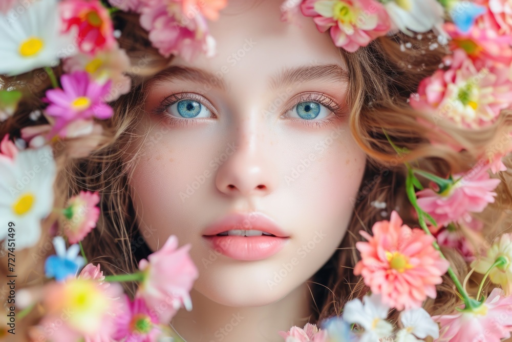 Young girl face surrounded with many colorful flower blooms.
