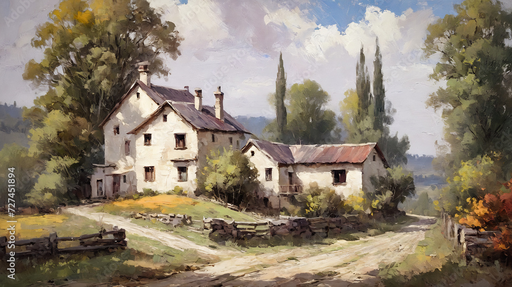 old wooden cottage landscape oil painting, watercolor, oil painting for printing, painting on canvas, beautiful view