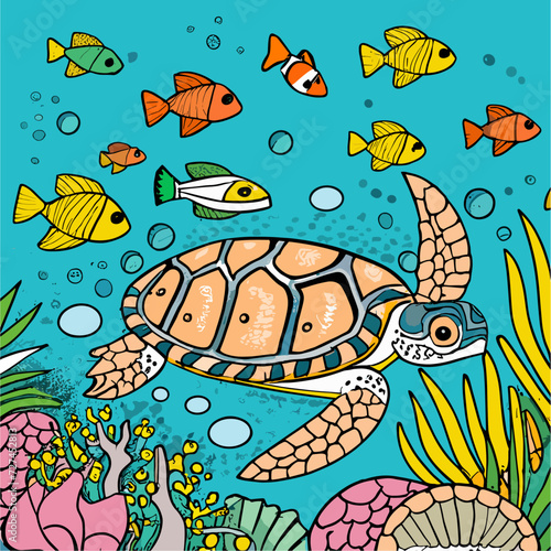 Vector illustration. Turtle under water at the coral reef with exotic fishes. Underwater world of the ocean. Algae, corals and sea anemones on the seabed.