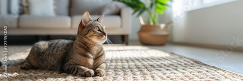 a beautiful smooth-haired domestic cat of the oriental breed sits on a carpet, a stylish light modern apartment, space for text, pet, feline, Scandinavian interior, sun, living room, apartment, cats photo