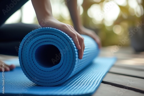 Close up of woman roll blue yoga mat. 