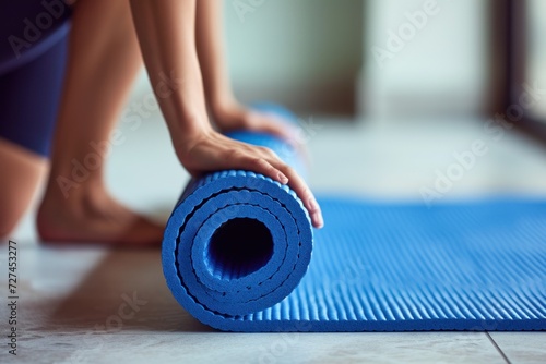 Close up of woman roll blue yoga mat.  photo