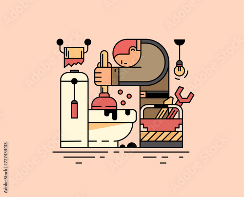 Plumbing service company. Plumber man is repairing toilet bowl using plunger and cleaning clogged sewer pipes in the outline drawing concept. Vector illustration.
