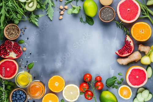 Vibrant Detox Foods, Fresh Citrus and Greens Frame with Copy Space