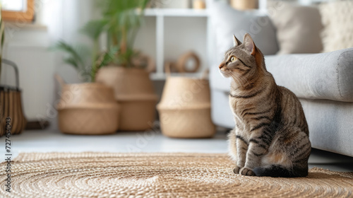 a beautiful smooth-haired domestic cat of the oriental breed sits on a carpet, a stylish light modern apartment, space for text, pet, feline, Scandinavian interior, sun, living room, apartment, cats © Julia Zarubina
