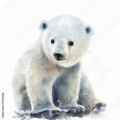 Cute polar bear cub watercolor vector illustration, baby animal drawing, winter cartoon character print design, art on white background
