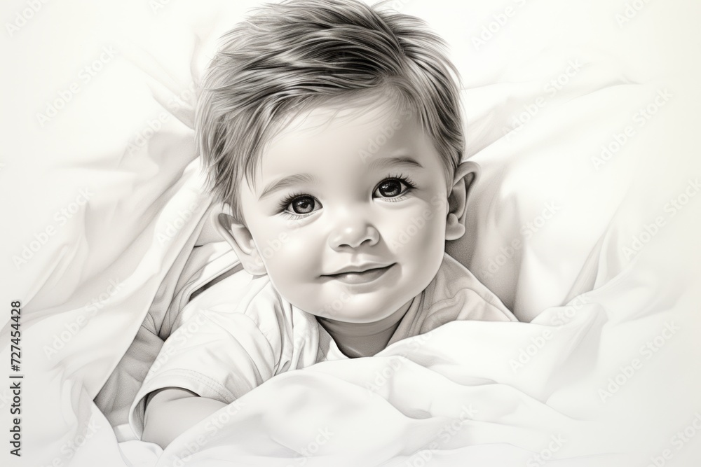 Charming baby with an enchanting smile - pencil drawing on white paper, bright toning Charming baby with an enchanting smile - pencil drawing on white paper, bright toning