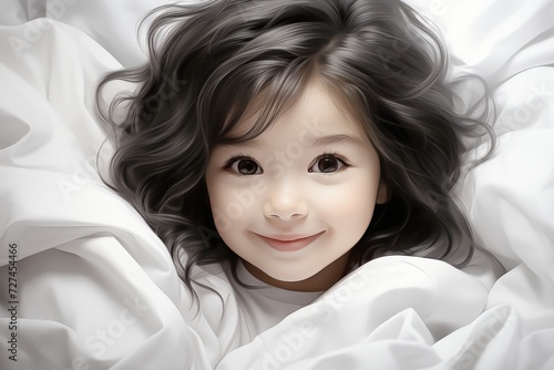 Close-up colorful pencil drawing of a cute baby with a heartwarming smile on a white sheet of paper